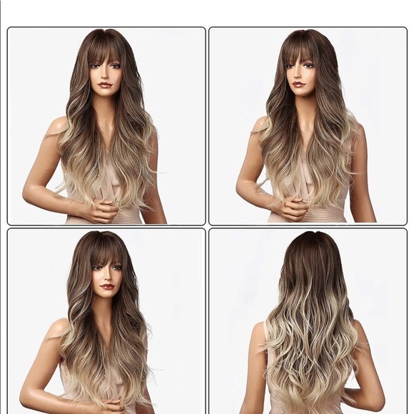 NWT Ash Blonde Wig Bangs Ombre Long Brown 26 Inch - Picture 4 of 7